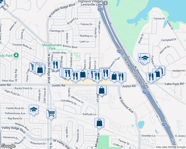 map of restaurants, bars, coffee shops, grocery stores, and more near 2015 Sorrento Lane in Lewisville