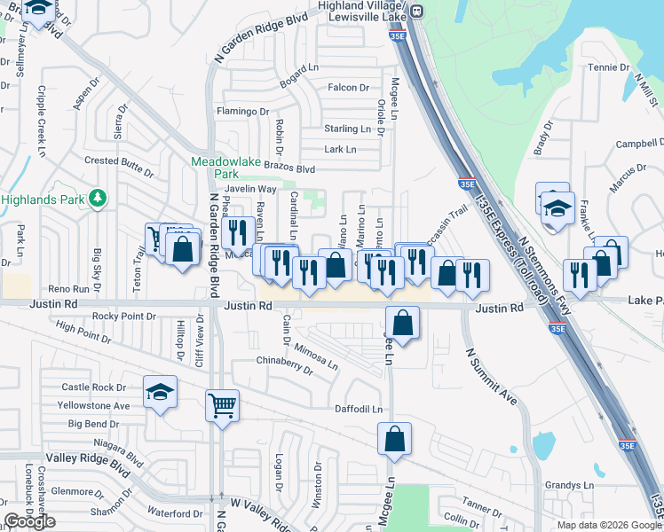 map of restaurants, bars, coffee shops, grocery stores, and more near 2001 Hope Tinley Court in Lewisville