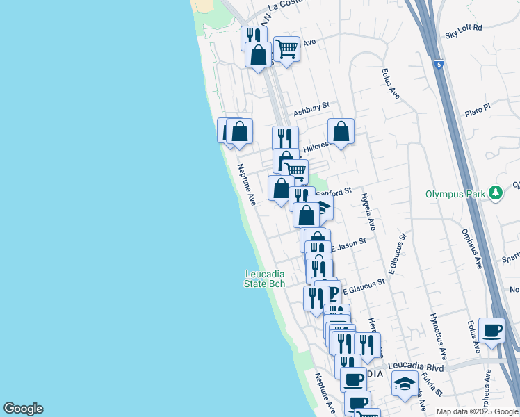 map of restaurants, bars, coffee shops, grocery stores, and more near 1483 Neptune Avenue in Encinitas