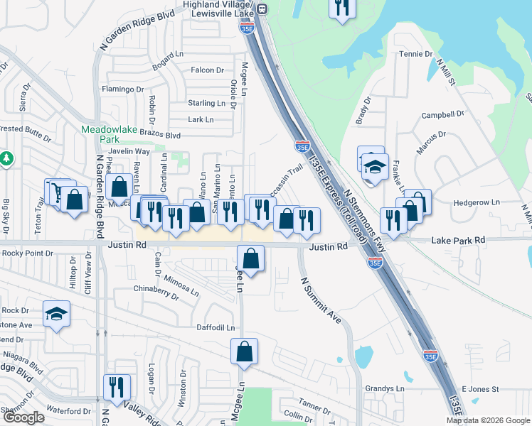 map of restaurants, bars, coffee shops, grocery stores, and more near 2004-2090 Mcgee Lane in Lewisville