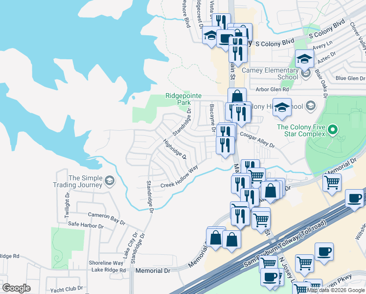 map of restaurants, bars, coffee shops, grocery stores, and more near 4516 Shadowridge Drive in The Colony
