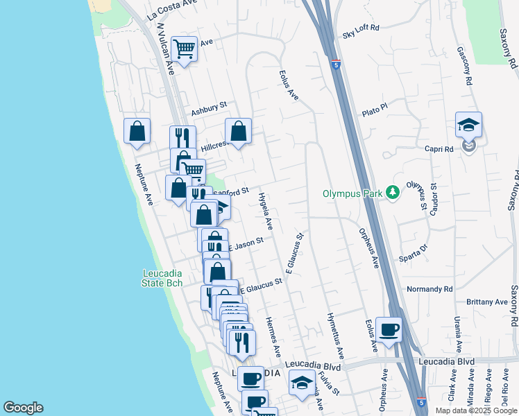 map of restaurants, bars, coffee shops, grocery stores, and more near 1418 Hygeia Avenue in Encinitas