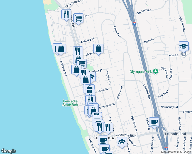 map of restaurants, bars, coffee shops, grocery stores, and more near 207 Sanford Street in Encinitas