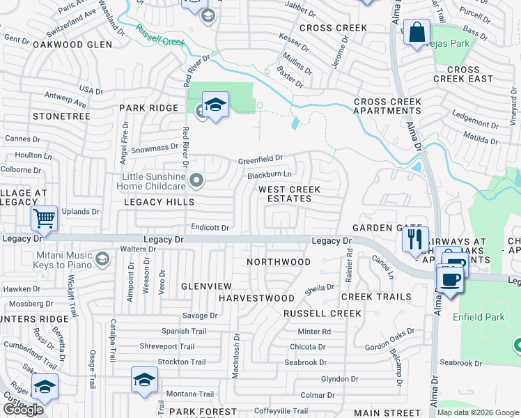 map of restaurants, bars, coffee shops, grocery stores, and more near 1429 Newbury Lane in Plano