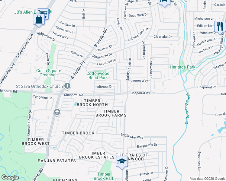 map of restaurants, bars, coffee shops, grocery stores, and more near 653 Spring Valley Road in Allen