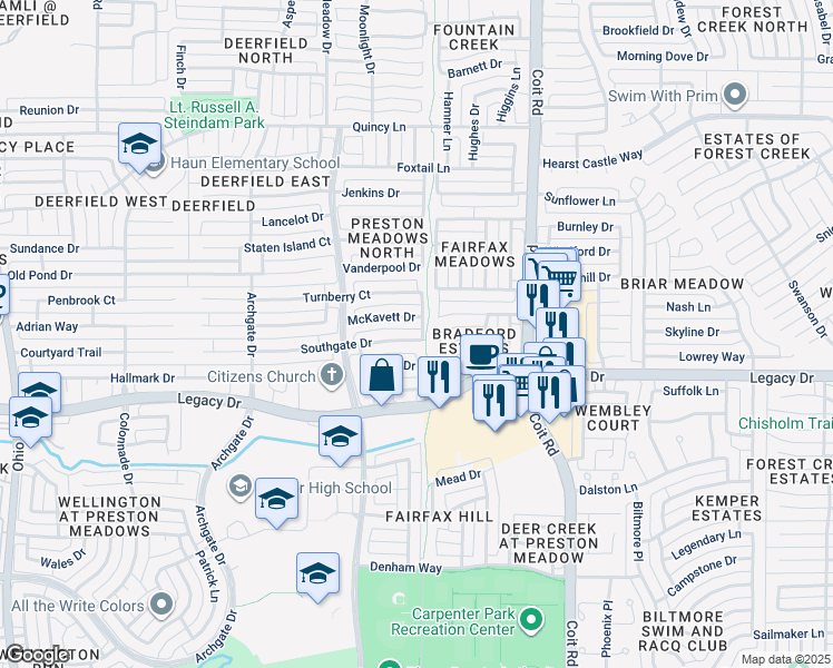 map of restaurants, bars, coffee shops, grocery stores, and more near 4312 McKavett Drive in Plano