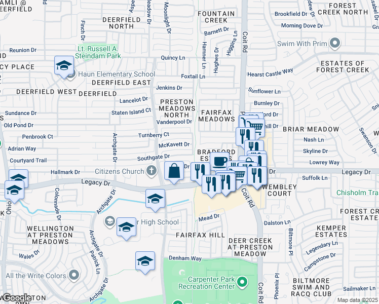 map of restaurants, bars, coffee shops, grocery stores, and more near 4312 McKavett Drive in Plano