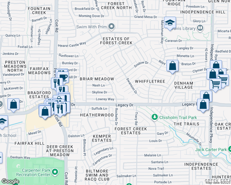 map of restaurants, bars, coffee shops, grocery stores, and more near 7024 Rochelle Drive in Plano