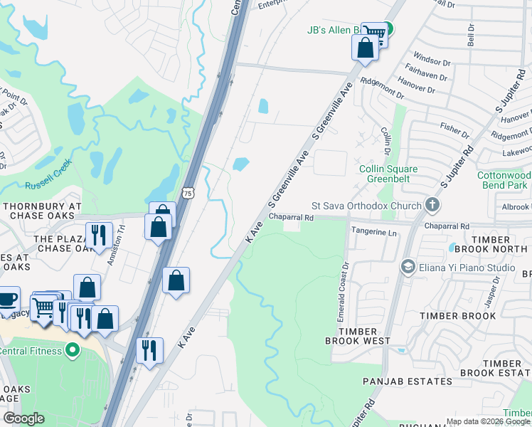 map of restaurants, bars, coffee shops, grocery stores, and more near 1592 South Greenville Avenue in Allen
