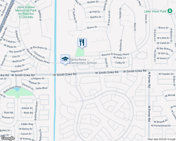 map of restaurants, bars, coffee shops, grocery stores, and more near 42550 West Michaels Drive in Maricopa
