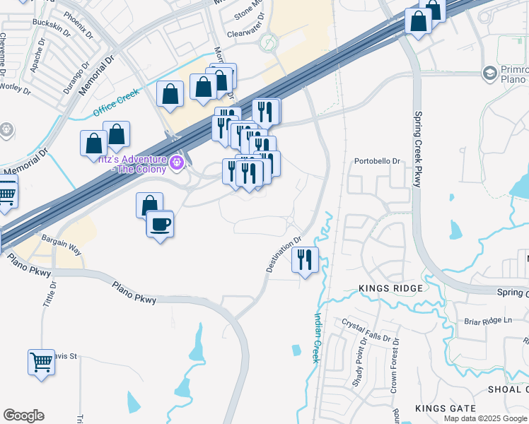 map of restaurants, bars, coffee shops, grocery stores, and more near 5750 Grandscape Boulevard in The Colony
