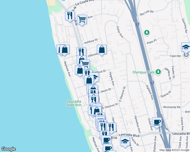 map of restaurants, bars, coffee shops, grocery stores, and more near 1457 North Vulcan Avenue in Encinitas