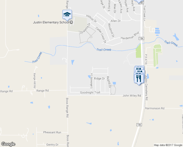 map of restaurants, bars, coffee shops, grocery stores, and more near Lakeway Lane in Justin
