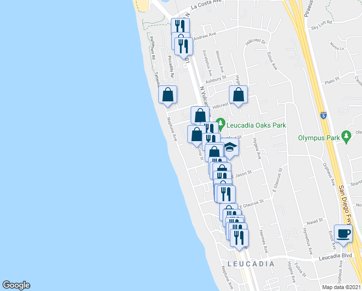 map of restaurants, bars, coffee shops, grocery stores, and more near 1491 Neptune Avenue in Encinitas