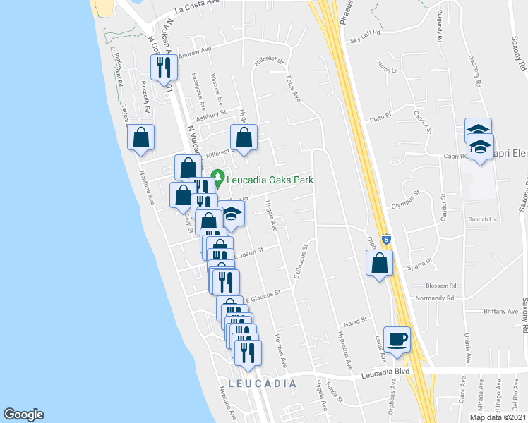 map of restaurants, bars, coffee shops, grocery stores, and more near 1418 Hygeia Avenue in Encinitas