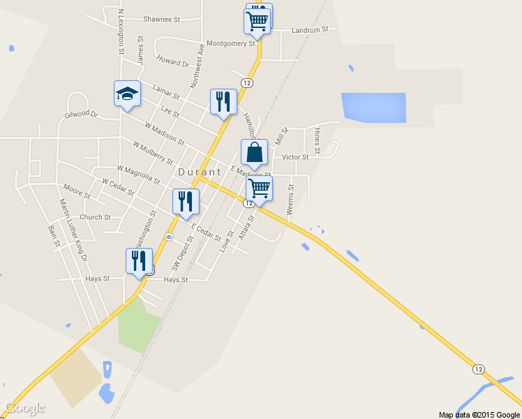 map of restaurants, bars, coffee shops, grocery stores, and more near 566 E Mulberry St in Durant
