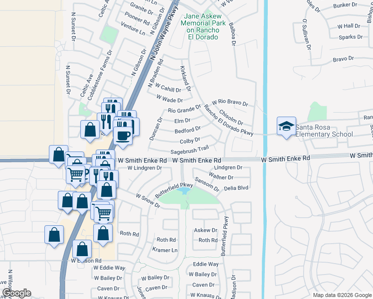 map of restaurants, bars, coffee shops, grocery stores, and more near 43698 Sagebrush Trail in Maricopa