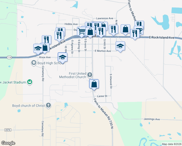 map of restaurants, bars, coffee shops, grocery stores, and more near 440 South Allen Street in Boyd