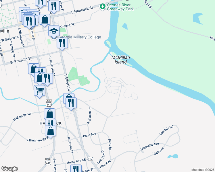 map of restaurants, bars, coffee shops, grocery stores, and more near 120 Pumping Station Road in Milledgeville