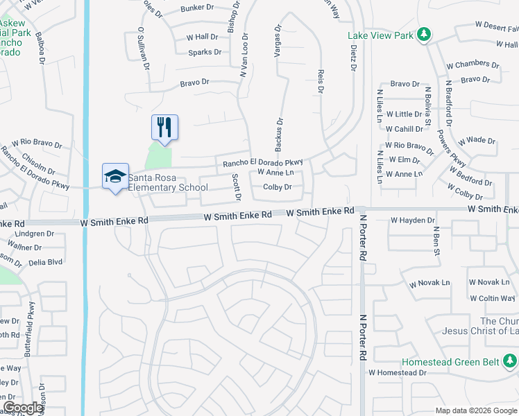 map of restaurants, bars, coffee shops, grocery stores, and more near 21283 North Van Loo Drive in Maricopa