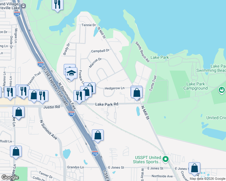 map of restaurants, bars, coffee shops, grocery stores, and more near 174 Hedgerow Lane in Lewisville