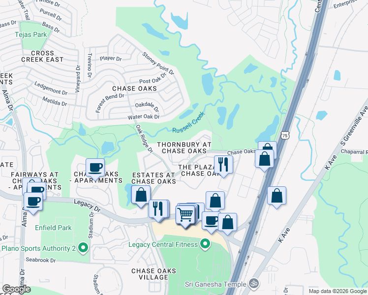 map of restaurants, bars, coffee shops, grocery stores, and more near 7101 Chase Oaks Boulevard in Plano