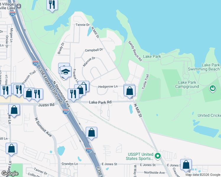 map of restaurants, bars, coffee shops, grocery stores, and more near 174 Hedgerow Ln in Lewisville