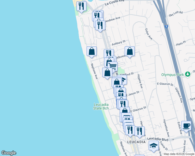 map of restaurants, bars, coffee shops, grocery stores, and more near 1491 Neptune Avenue in Encinitas