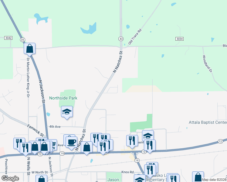 map of restaurants, bars, coffee shops, grocery stores, and more near 100 Woodard Lane in Kosciusko