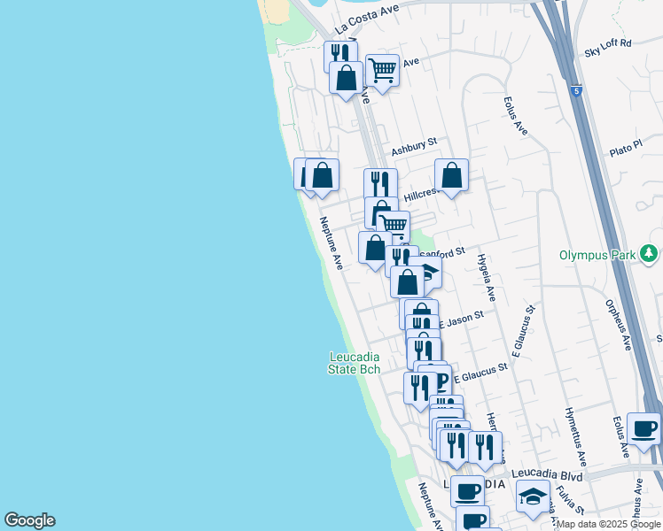map of restaurants, bars, coffee shops, grocery stores, and more near 1500 Neptune Avenue in Encinitas