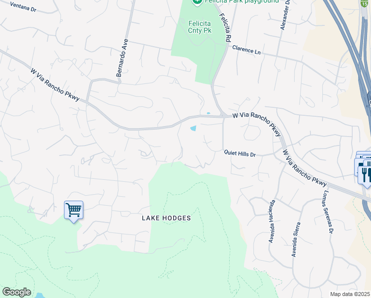 map of restaurants, bars, coffee shops, grocery stores, and more near Quiet Hills Farm Road in Escondido