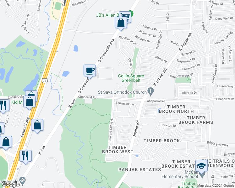 map of restaurants, bars, coffee shops, grocery stores, and more near 1623 Collin Drive in Allen