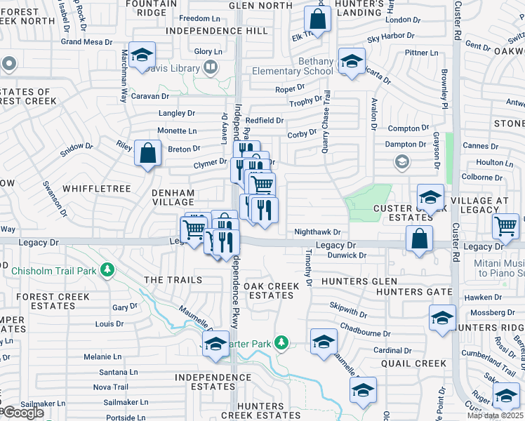 map of restaurants, bars, coffee shops, grocery stores, and more near 7105 Falcon Dr in Plano