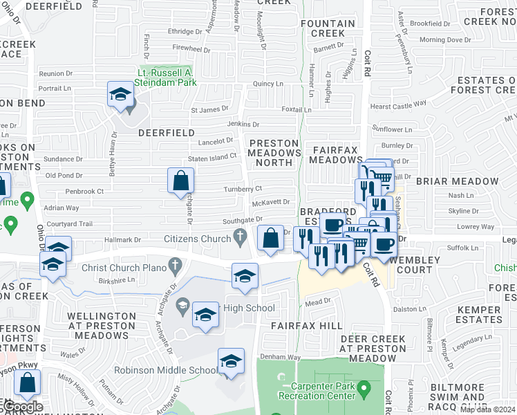 map of restaurants, bars, coffee shops, grocery stores, and more near 4420 McKavett Drive in Plano