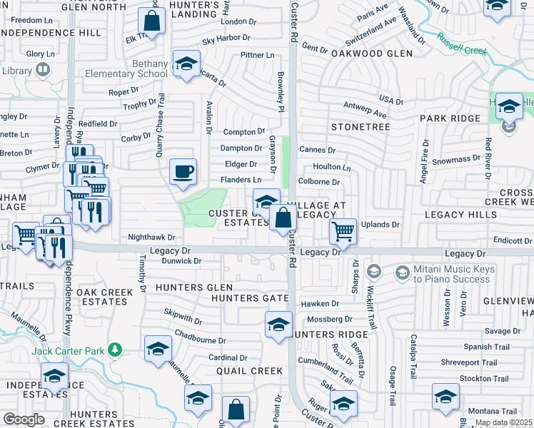 map of restaurants, bars, coffee shops, grocery stores, and more near 7105 Tansy Place in Plano