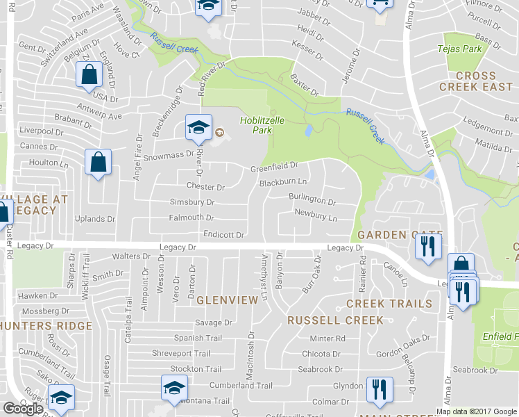 map of restaurants, bars, coffee shops, grocery stores, and more near 7105 Amethyst Lane in Plano