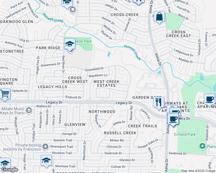 map of restaurants, bars, coffee shops, grocery stores, and more near 1405 Newbury Lane in Plano