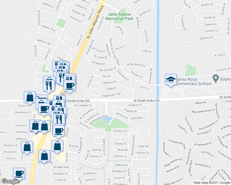 map of restaurants, bars, coffee shops, grocery stores, and more near 43614 Sagebrush Trail in Maricopa