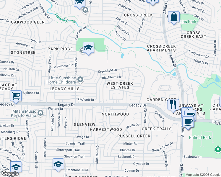 map of restaurants, bars, coffee shops, grocery stores, and more near 1429 Newbury Lane in Plano