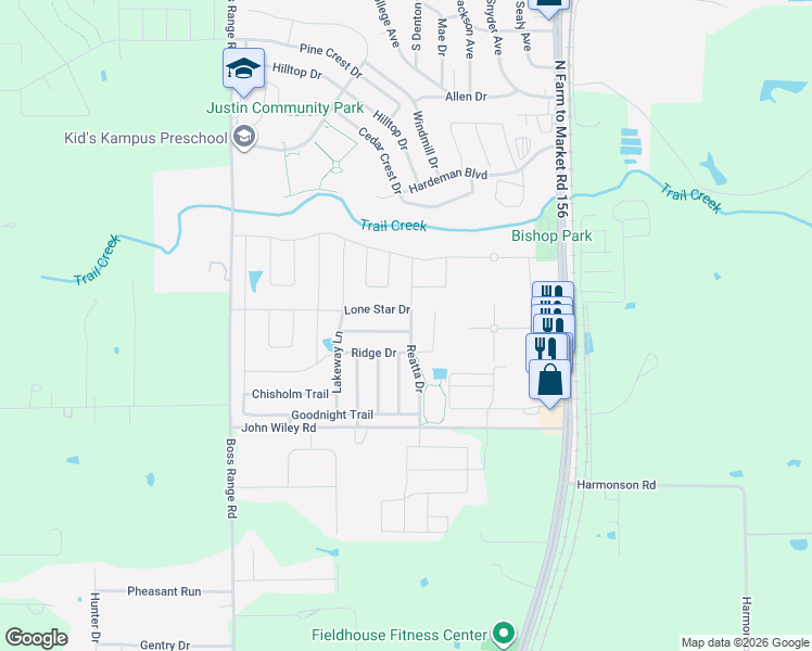 map of restaurants, bars, coffee shops, grocery stores, and more near 402 Silver Mine Dr in Justin