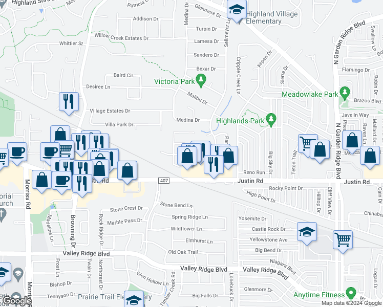 map of restaurants, bars, coffee shops, grocery stores, and more near 625 Meadowcrest Drive in Highland Village