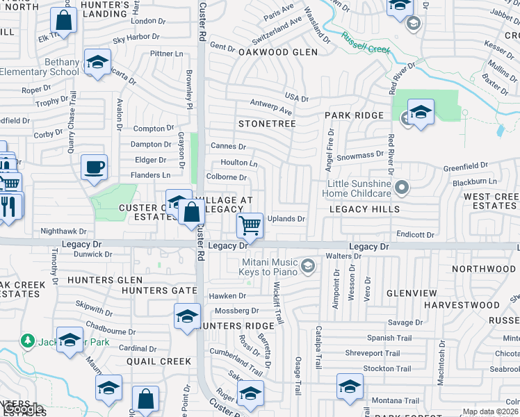 map of restaurants, bars, coffee shops, grocery stores, and more near 7112 Stoddard Lane in Plano