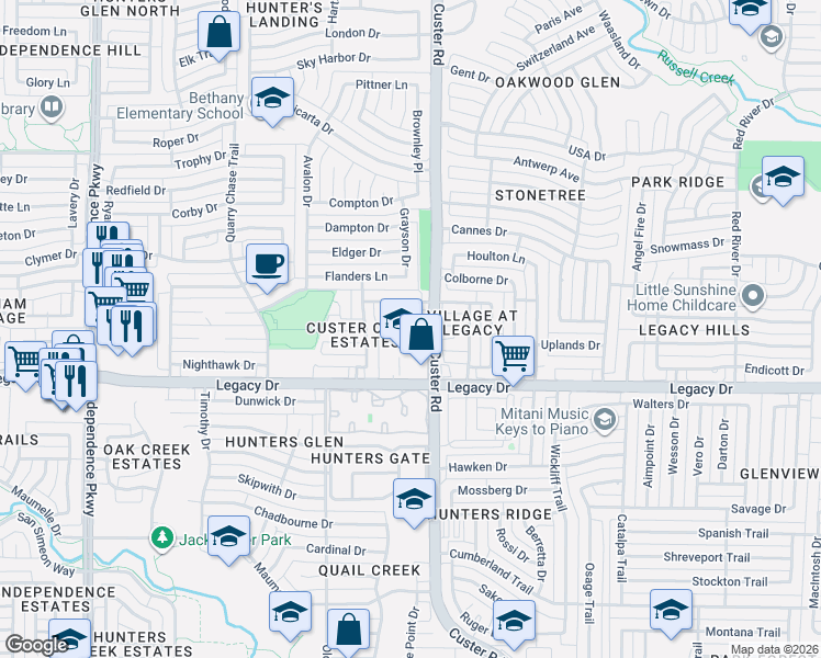 map of restaurants, bars, coffee shops, grocery stores, and more near 7105 Tansy Place in Plano