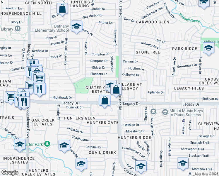 map of restaurants, bars, coffee shops, grocery stores, and more near 7105 Tansy Place in Plano