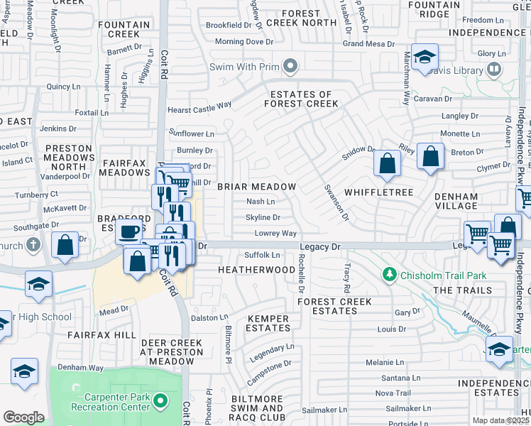 map of restaurants, bars, coffee shops, grocery stores, and more near 3717 Skyline Drive in Plano