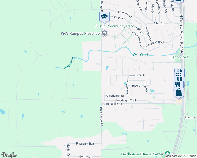 map of restaurants, bars, coffee shops, grocery stores, and more near in Justin