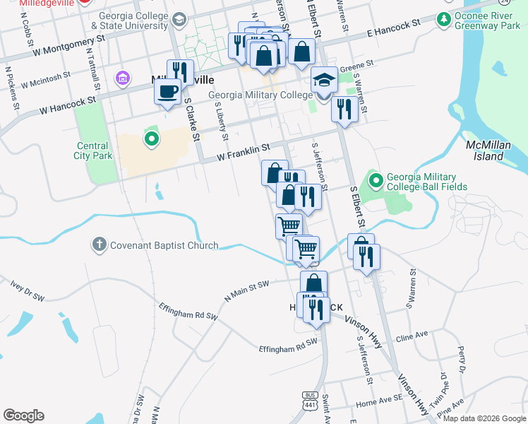 map of restaurants, bars, coffee shops, grocery stores, and more near 621 South Wilkinson Street in Milledgeville