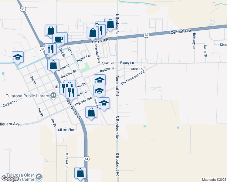 map of restaurants, bars, coffee shops, grocery stores, and more near 402 Old Mescalero Rd in Tularosa
