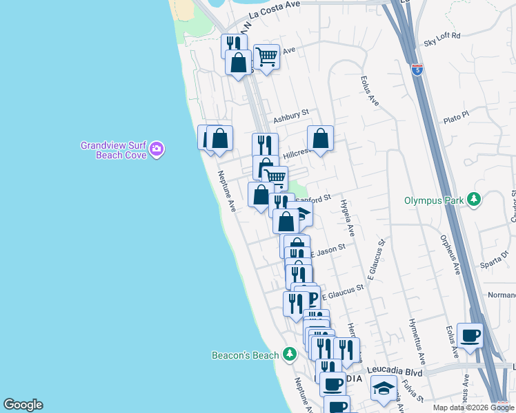 map of restaurants, bars, coffee shops, grocery stores, and more near 1500 North Coast Highway 101 in Encinitas