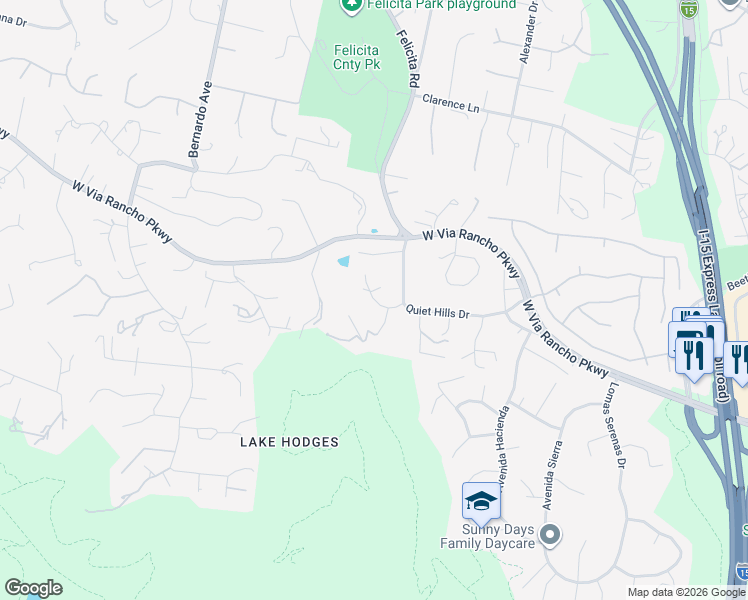 map of restaurants, bars, coffee shops, grocery stores, and more near Quiet Hills Farm Road in Escondido